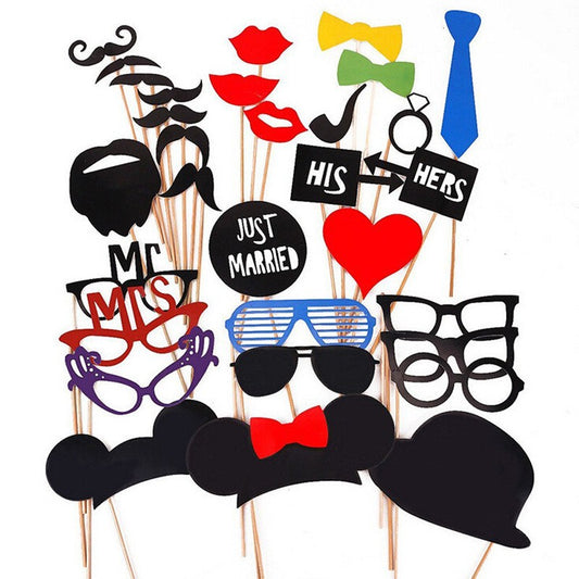 Set 31 de Accesorii pentru Petrecere, Props pentru Coltul de Poze, Ochelari, Palarii, Mustata, Cravata, Tematica Nunta, Multicolor