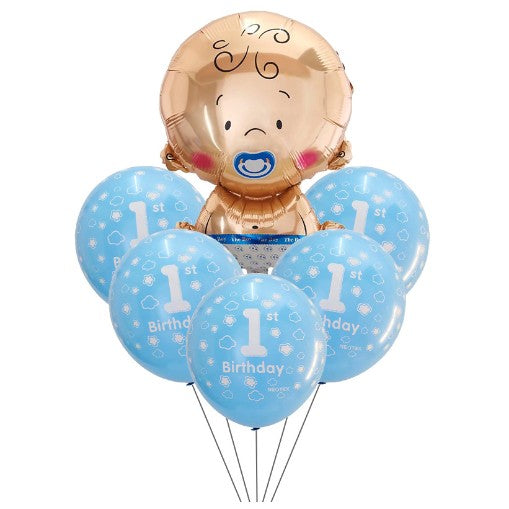 Set baloane pentru fetite, FIRST ANIVERSARY, 5 latex 1 Birthday, 1 balon folie din aluminu baby boy, 71 cm, Albastru