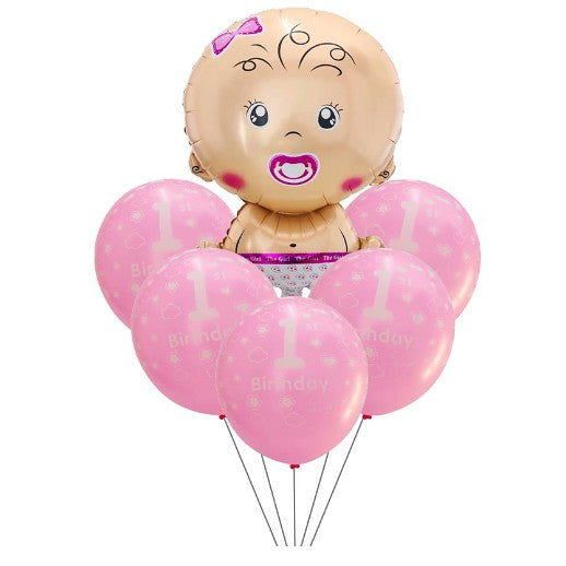 Set baloane pentru fetite, FIRST ANYVERSARY, 5 latex 1 Birthday, 1 balon folie din aluminu baby girl, 71 cm, Roz