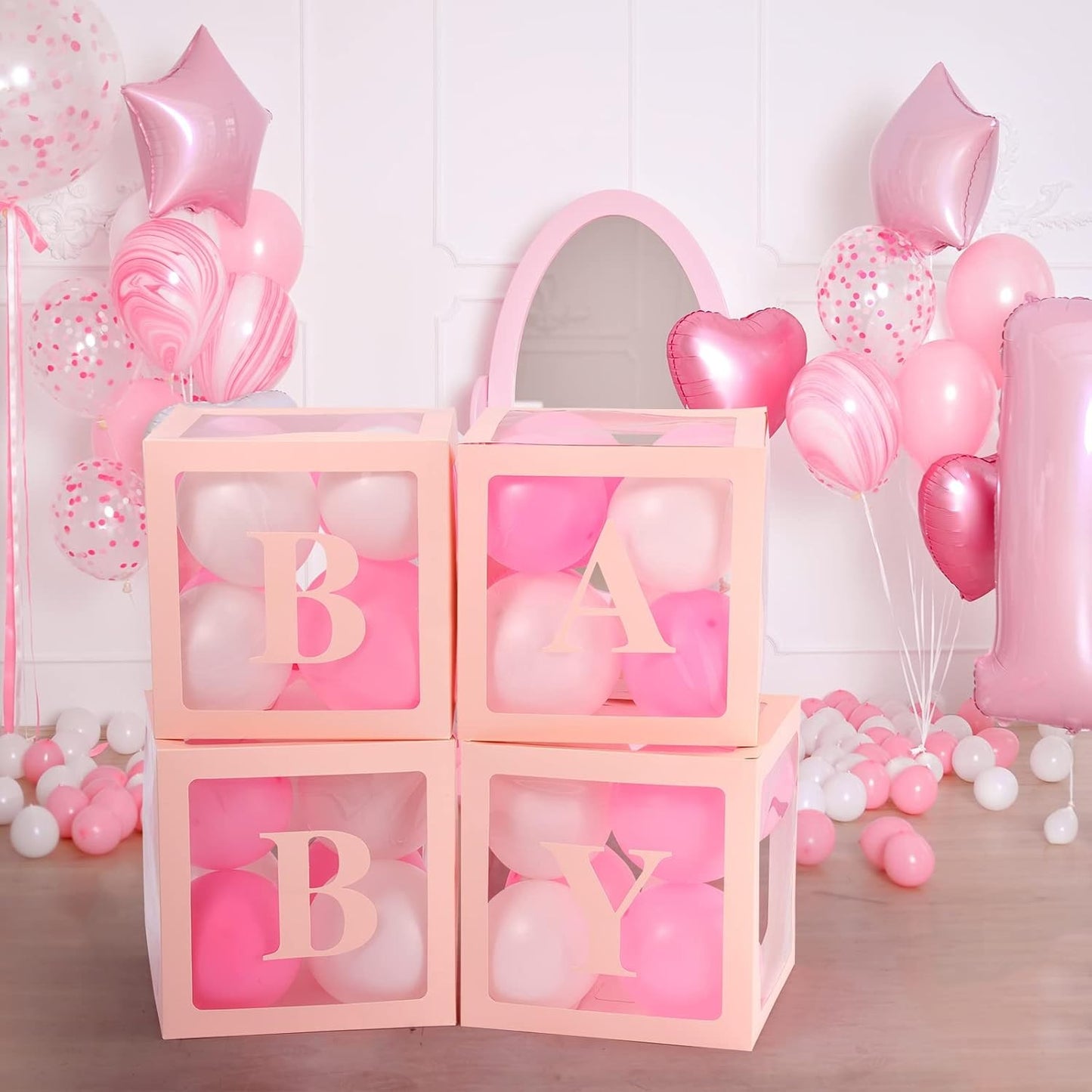 Set 4 Cutii pentru Baloane, Model Scris Baby, Tematica Iubire, Cuburi Decorative din Plastic, Accesorii pentru Petrecere, 30 x30 cm, Transparente Contur Roz
