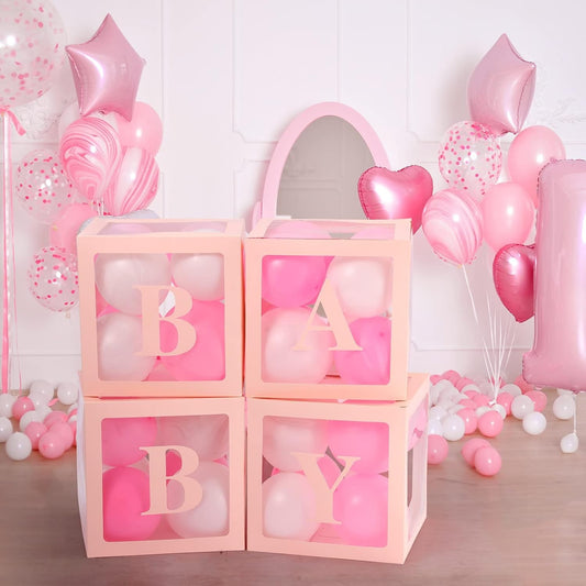 Set 4 Cutii pentru Baloane, Model Scris Baby, Tematica Iubire, Cuburi Decorative din Plastic, Accesorii pentru Petrecere, 30 x30 cm, Transparente Contur Roz