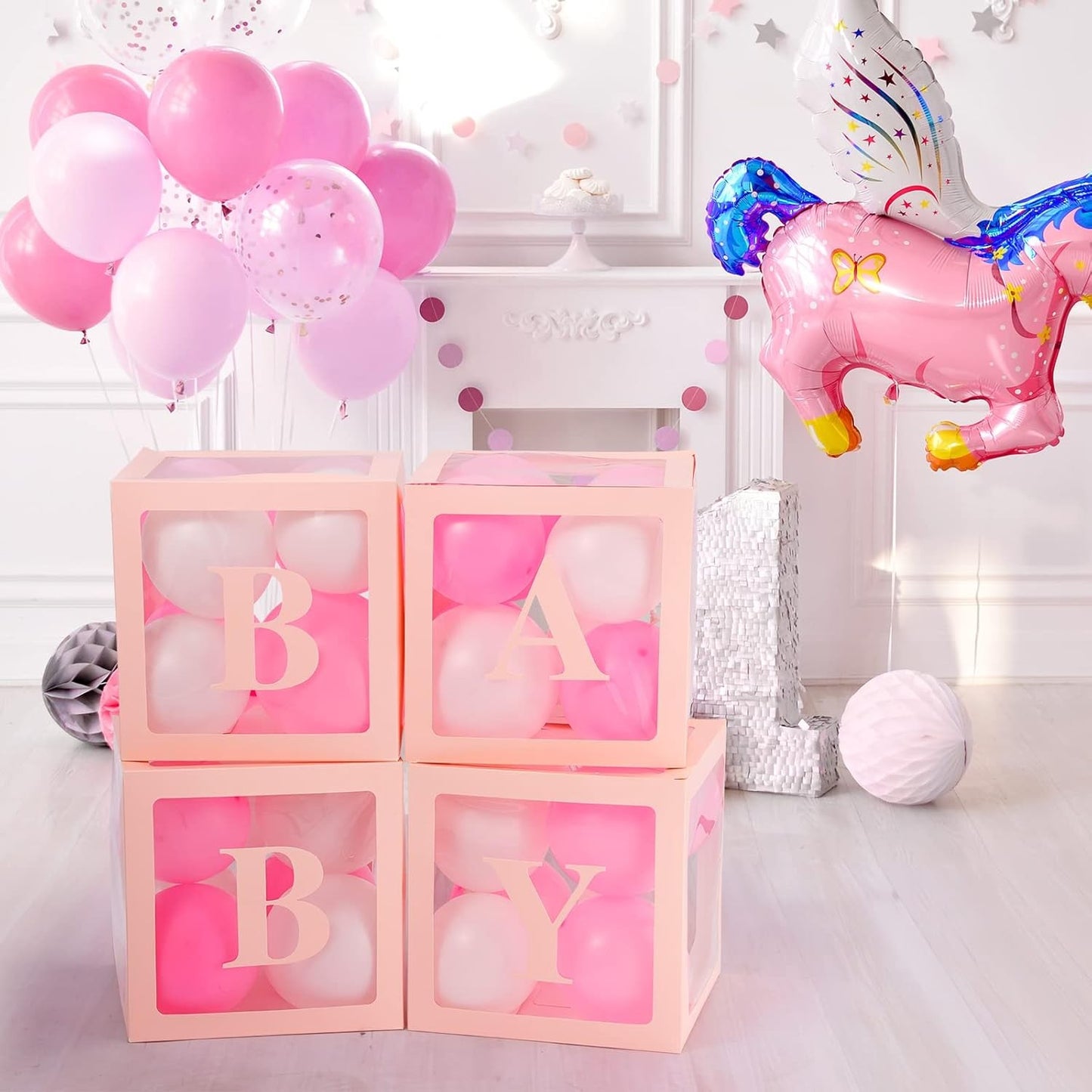 Set 4 Cutii pentru Baloane, Model Scris Baby, Tematica Iubire, Cuburi Decorative din Plastic, Accesorii pentru Petrecere, 30 x30 cm, Transparente Contur Roz