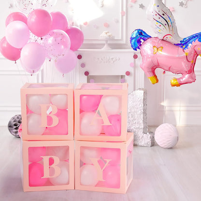 Set 4 Cutii pentru Baloane, Model Scris Baby, Tematica Iubire, Cuburi Decorative din Plastic, Accesorii pentru Petrecere, 30 x30 cm, Transparente Contur Roz