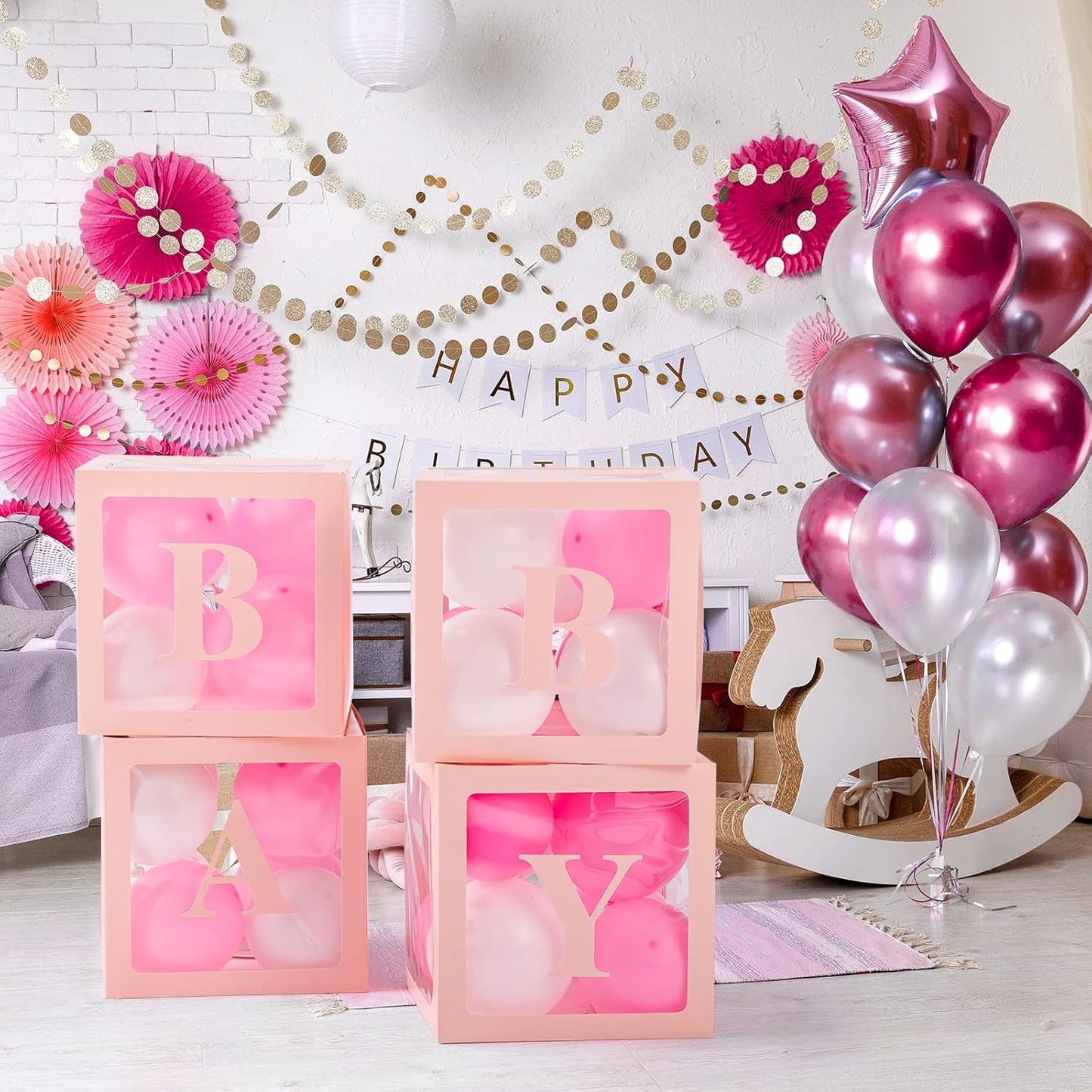 Set 4 Cutii pentru Baloane, Model Scris Baby, Tematica Iubire, Cuburi Decorative din Plastic, Accesorii pentru Petrecere, 30 x30 cm, Transparente Contur Roz