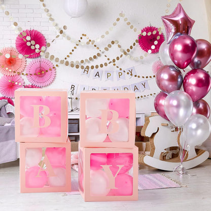 Set 4 Cutii pentru Baloane, Model Scris Baby, Tematica Iubire, Cuburi Decorative din Plastic, Accesorii pentru Petrecere, 30 x30 cm, Transparente Contur Roz