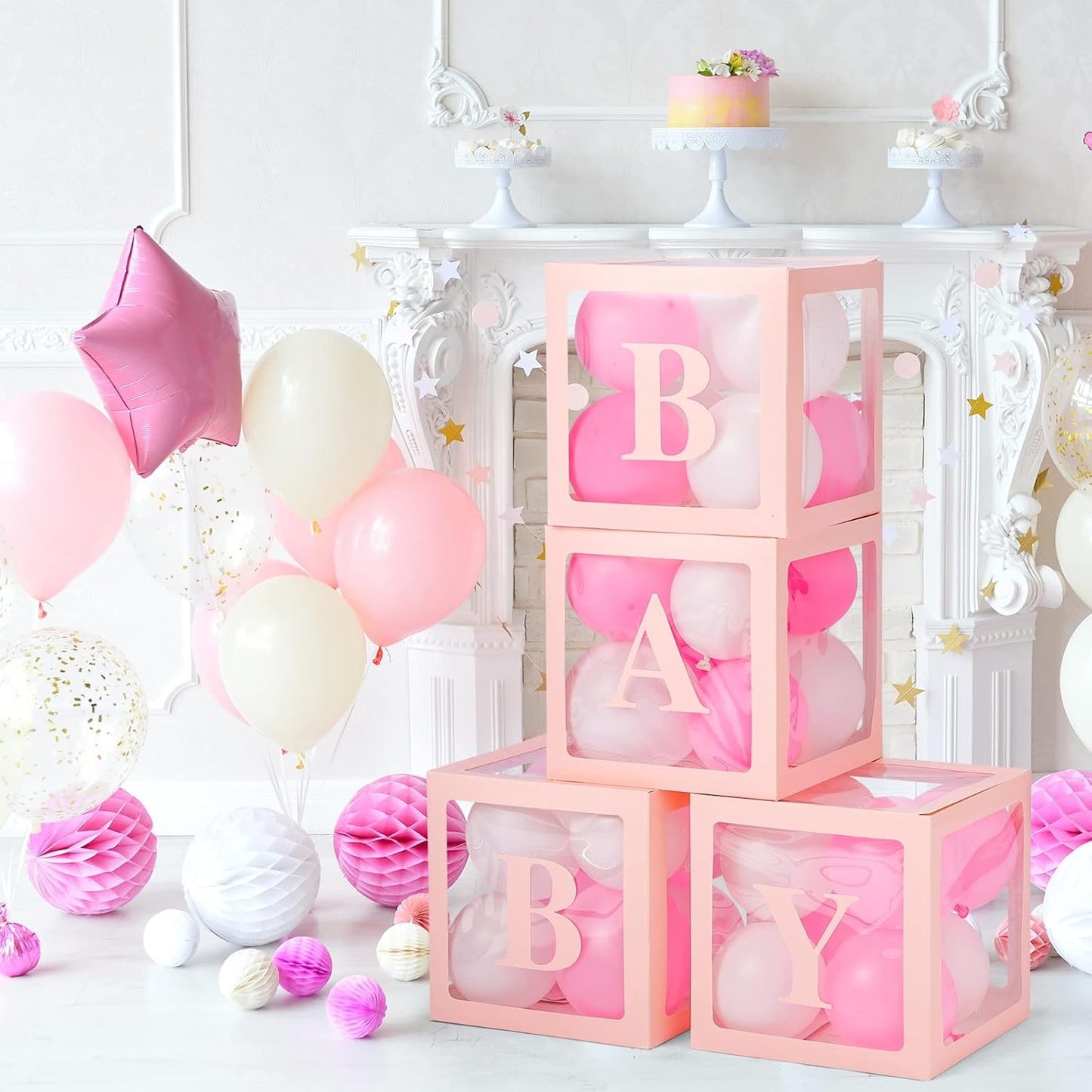 Set 4 Cutii pentru Baloane, Model Scris Baby, Tematica Iubire, Cuburi Decorative din Plastic, Accesorii pentru Petrecere, 30 x30 cm, Transparente Contur Roz