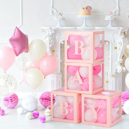 Set 4 Cutii pentru Baloane, Model Scris Baby, Tematica Iubire, Cuburi Decorative din Plastic, Accesorii pentru Petrecere, 30 x30 cm, Transparente Contur Roz