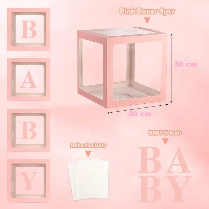 Set 4 Cutii pentru Baloane, Model Scris Baby, Tematica Iubire, Cuburi Decorative din Plastic, Accesorii pentru Petrecere, 30 x30 cm, Transparente Contur Roz