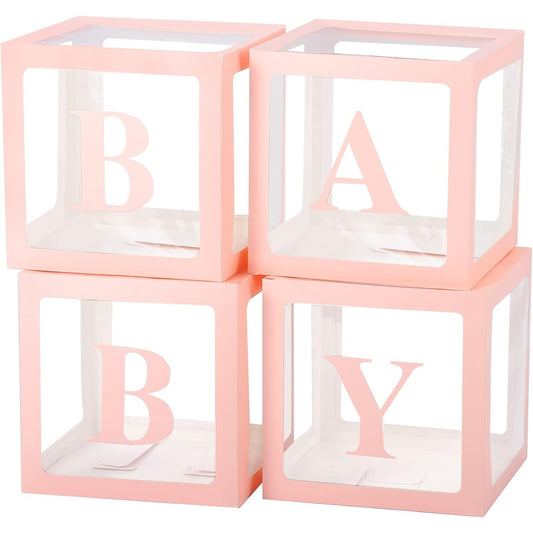 Set 4 Cutii pentru Baloane, Model Scris Baby, Tematica Iubire, Cuburi Decorative din Plastic, Accesorii pentru Petrecere, 30 x30 cm, Transparente Contur Roz