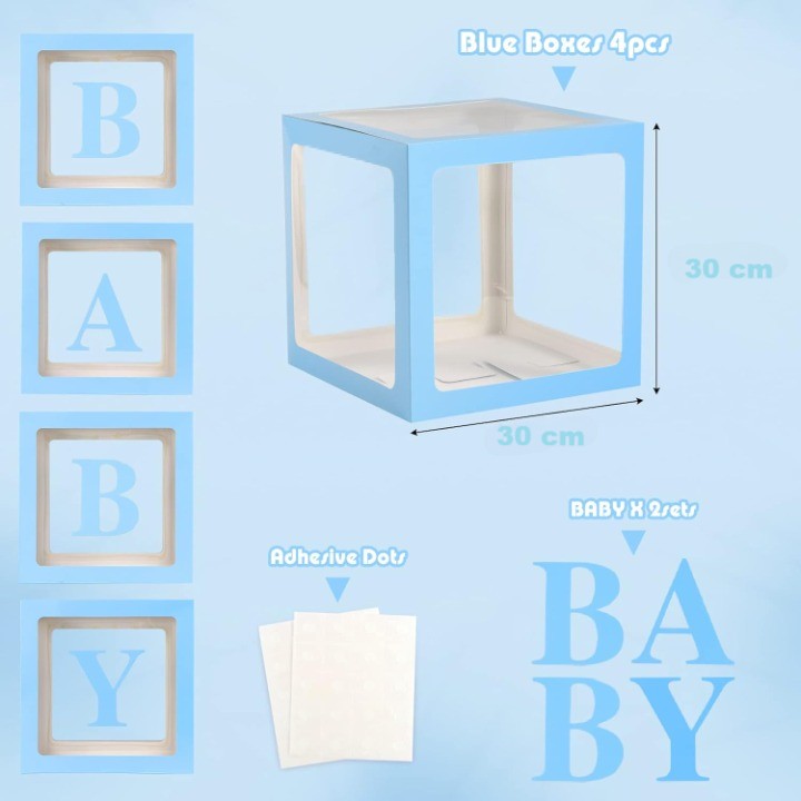 Set 4 Cutii pentru Baloane, Model Scris Baby, Tematica Iubire, Cuburi Decorative din Plastic, Accesorii pentru Petrecere, 30 x30 cm, Transparente Contur Albastru