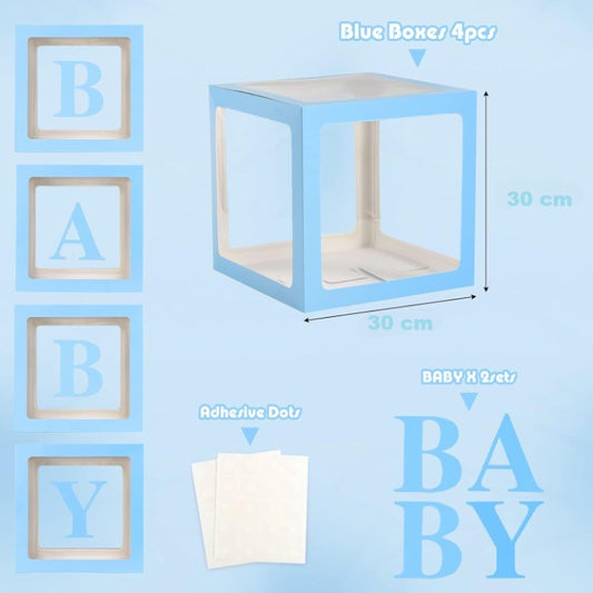 Set 4 Cutii pentru Baloane, Model Scris Baby, Tematica Iubire, Cuburi Decorative din Plastic, Accesorii pentru Petrecere, 30 x30 cm, Transparente Contur Albastru