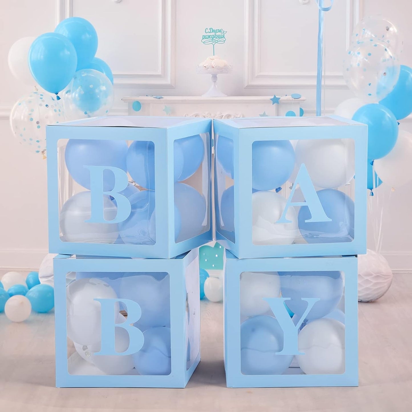 Set 4 Cutii pentru Baloane, Model Scris Baby, Tematica Iubire, Cuburi Decorative din Plastic, Accesorii pentru Petrecere, 30 x30 cm, Transparente Contur Albastru