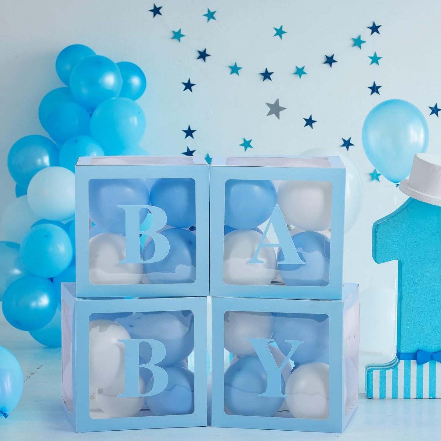 Set 4 Cutii pentru Baloane, Model Scris Baby, Tematica Iubire, Cuburi Decorative din Plastic, Accesorii pentru Petrecere, 30 x30 cm, Transparente Contur Albastru