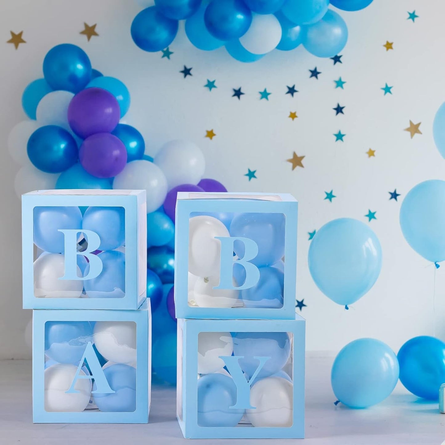 Set 4 Cutii pentru Baloane, Model Scris Baby, Tematica Iubire, Cuburi Decorative din Plastic, Accesorii pentru Petrecere, 30 x30 cm, Transparente Contur Albastru