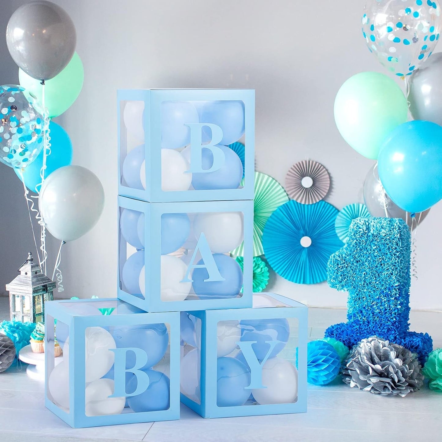 Set 4 Cutii pentru Baloane, Model Scris Baby, Tematica Iubire, Cuburi Decorative din Plastic, Accesorii pentru Petrecere, 30 x30 cm, Transparente Contur Albastru