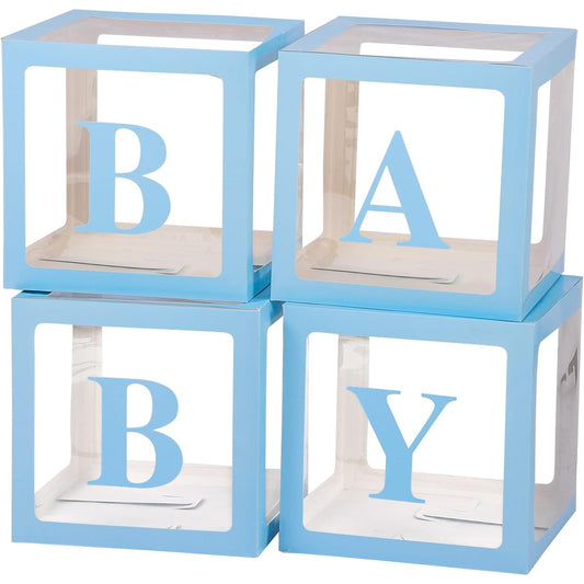 Set 4 Cutii pentru Baloane, Model Scris Baby, Tematica Iubire, Cuburi Decorative din Plastic, Accesorii pentru Petrecere, 30 x30 cm, Transparente Contur Albastru