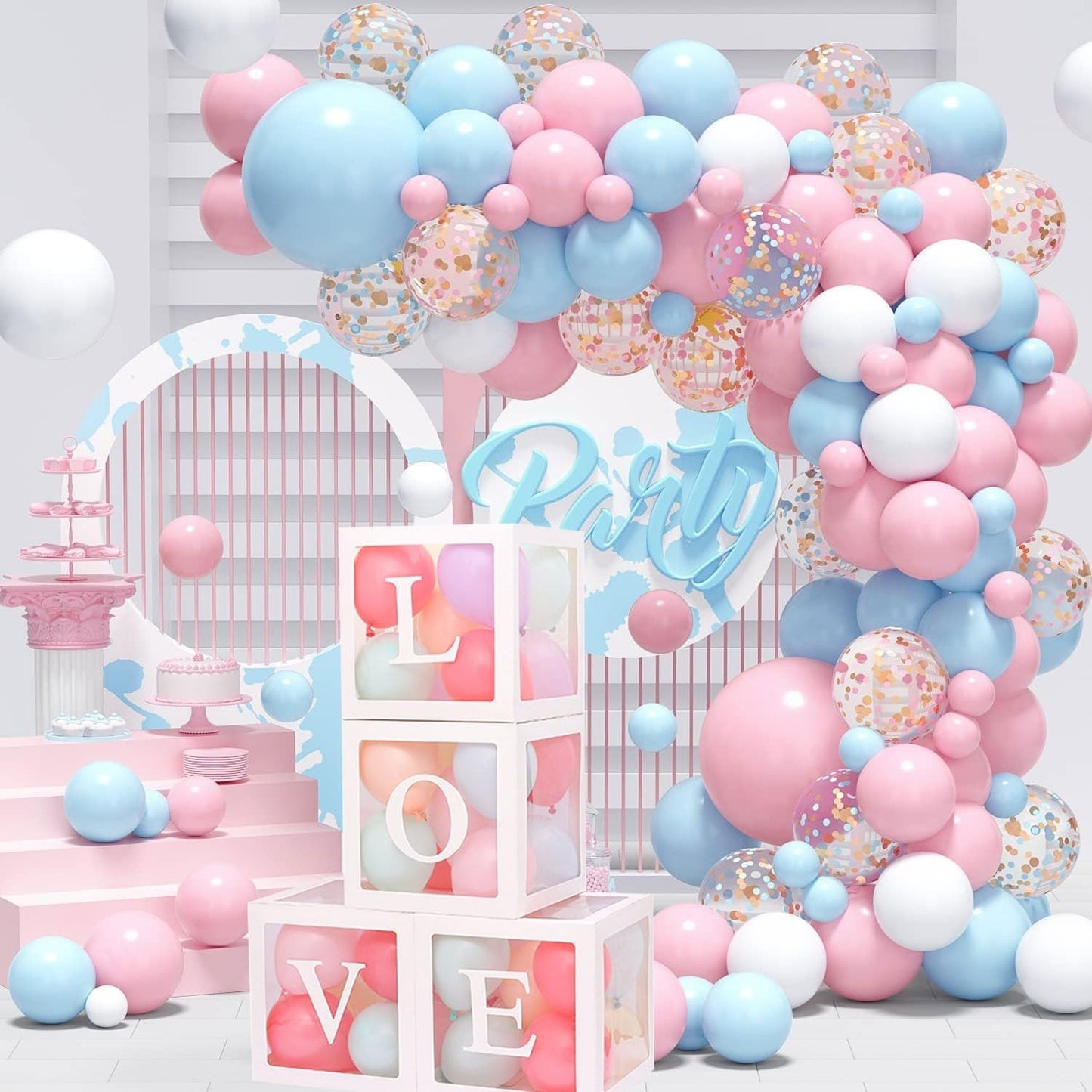 Set 4 Cutii pentru Baloane, Model Scris Love, Tematica Iubire, Cuburi Decorative din Plastic, Accesorii pentru Petrecere, 30 x30 cm, Transparente Contur Alb
