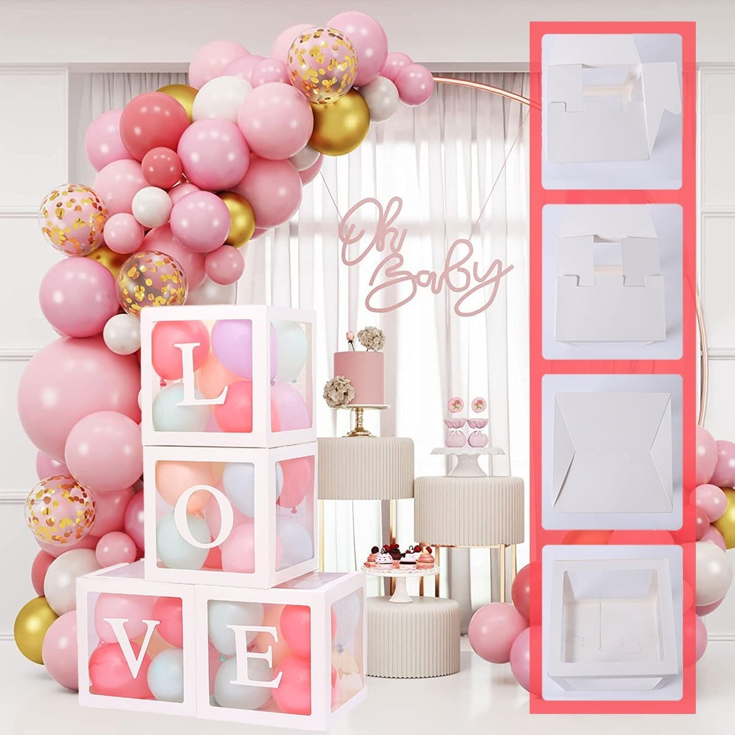 Set 4 Cutii pentru Baloane, Model Scris Love, Tematica Iubire, Cuburi Decorative din Plastic, Accesorii pentru Petrecere, 30 x30 cm, Transparente Contur Alb