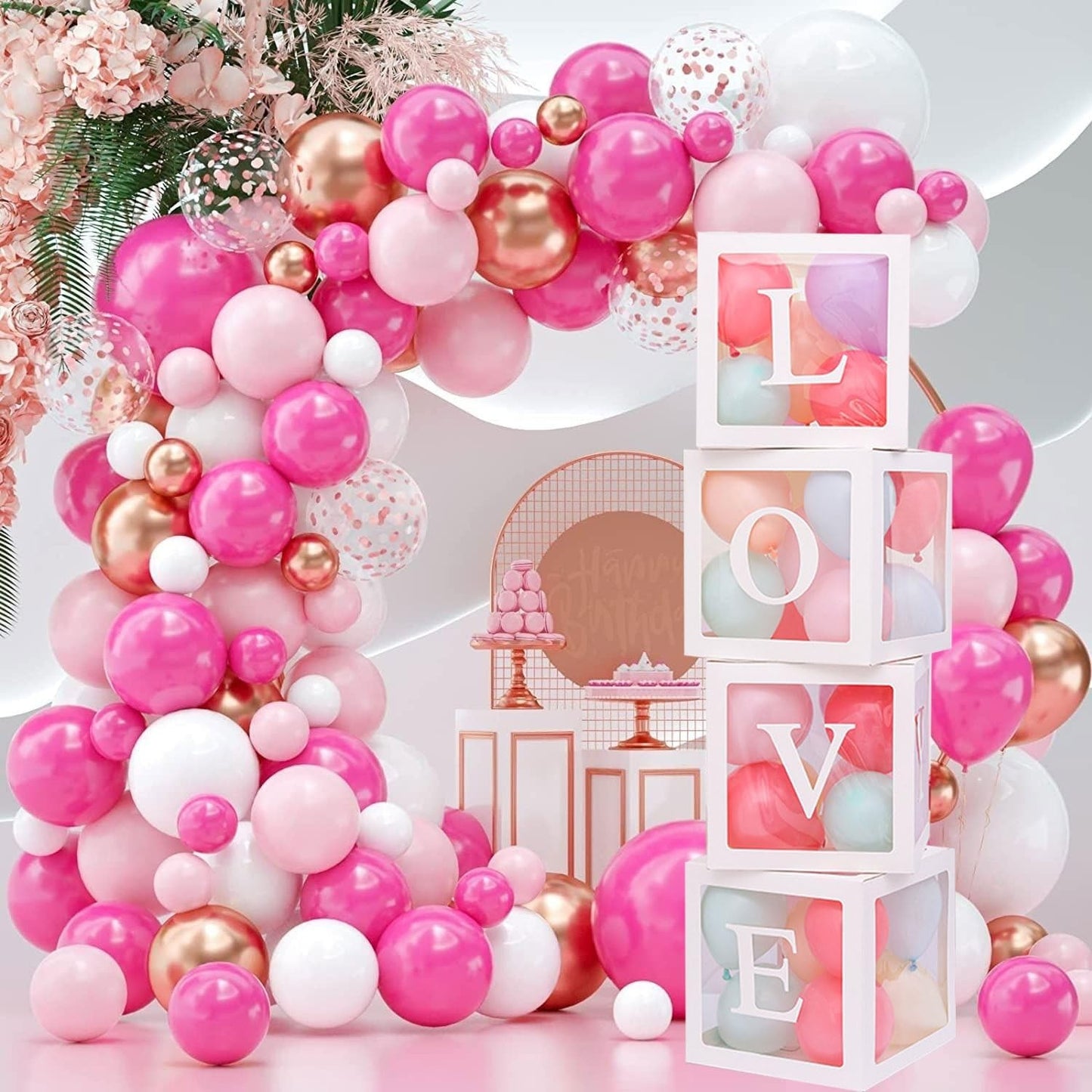 Set 4 Cutii pentru Baloane, Model Scris Love, Tematica Iubire, Cuburi Decorative din Plastic, Accesorii pentru Petrecere, 30 x30 cm, Transparente Contur Alb