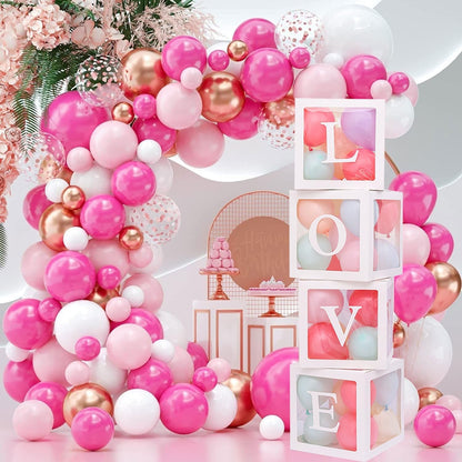 Set 4 Cutii pentru Baloane, Model Scris Love, Tematica Iubire, Cuburi Decorative din Plastic, Accesorii pentru Petrecere, 30 x30 cm, Transparente Contur Alb