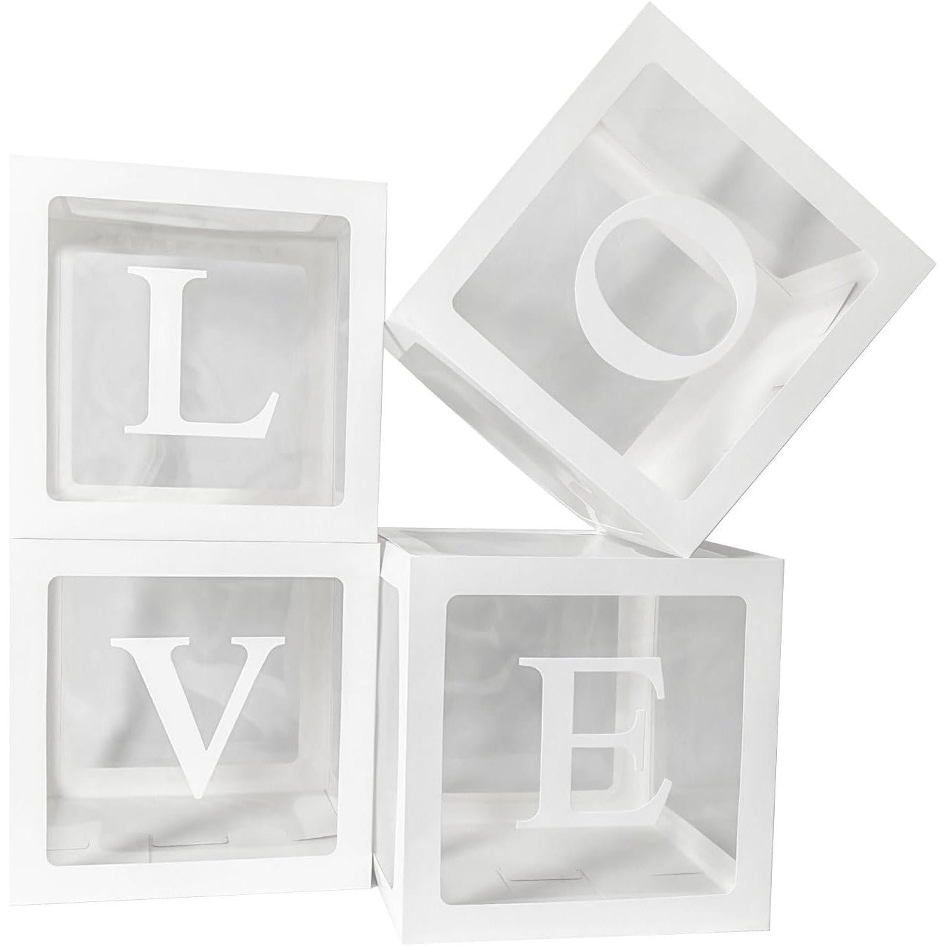 Set 4 Cutii pentru Baloane, Model Scris Love, Tematica Iubire, Cuburi Decorative din Plastic, Accesorii pentru Petrecere, 30 x30 cm, Transparente Contur Alb
