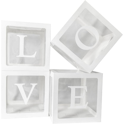 Set 4 Cutii pentru Baloane, Model Scris Love, Tematica Iubire, Cuburi Decorative din Plastic, Accesorii pentru Petrecere, 30 x30 cm, Transparente Contur Alb