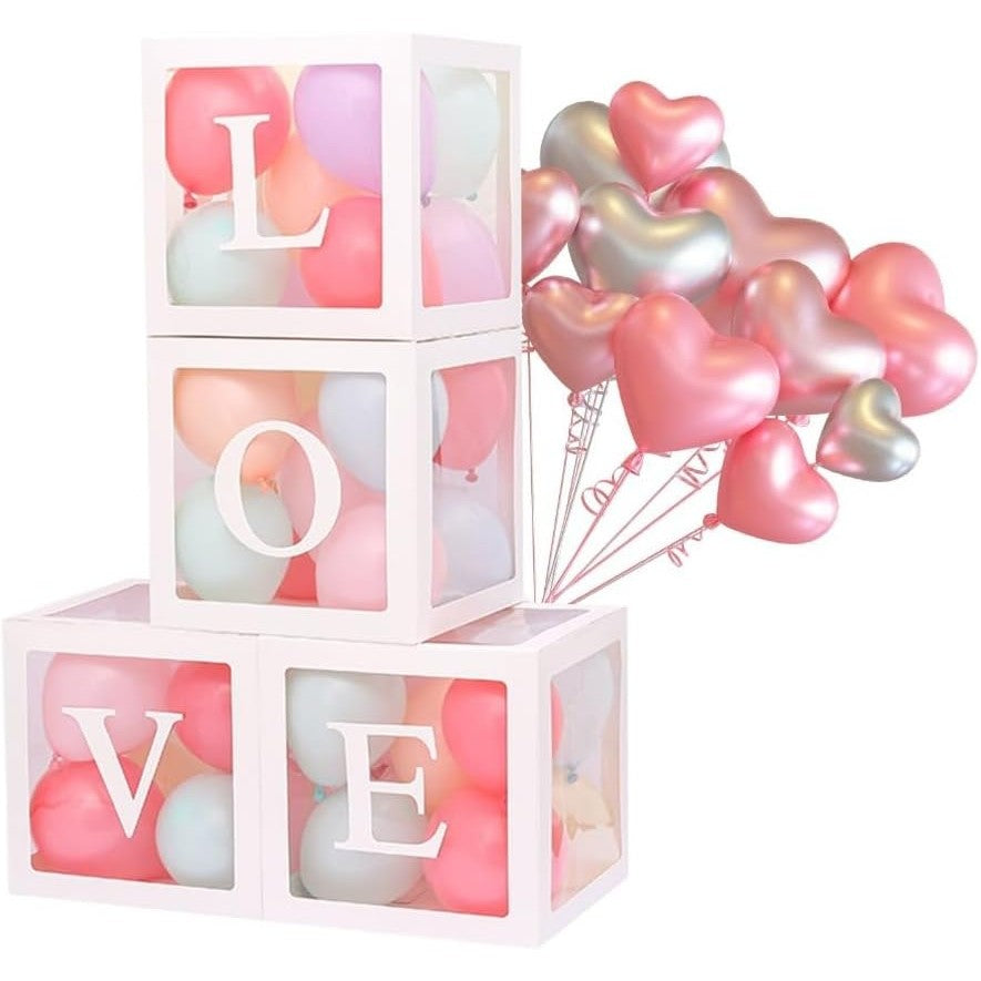 Set 4 Cutii pentru Baloane, Model Scris Love, Tematica Iubire, Cuburi Decorative din Plastic, Accesorii pentru Petrecere, 30 x30 cm, Transparente Contur Alb