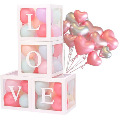 Set 4 Cutii pentru Baloane, Model Scris Love, Tematica Iubire, Cuburi Decorative din Plastic, Accesorii pentru Petrecere, 30 x30 cm, Transparente Contur Alb