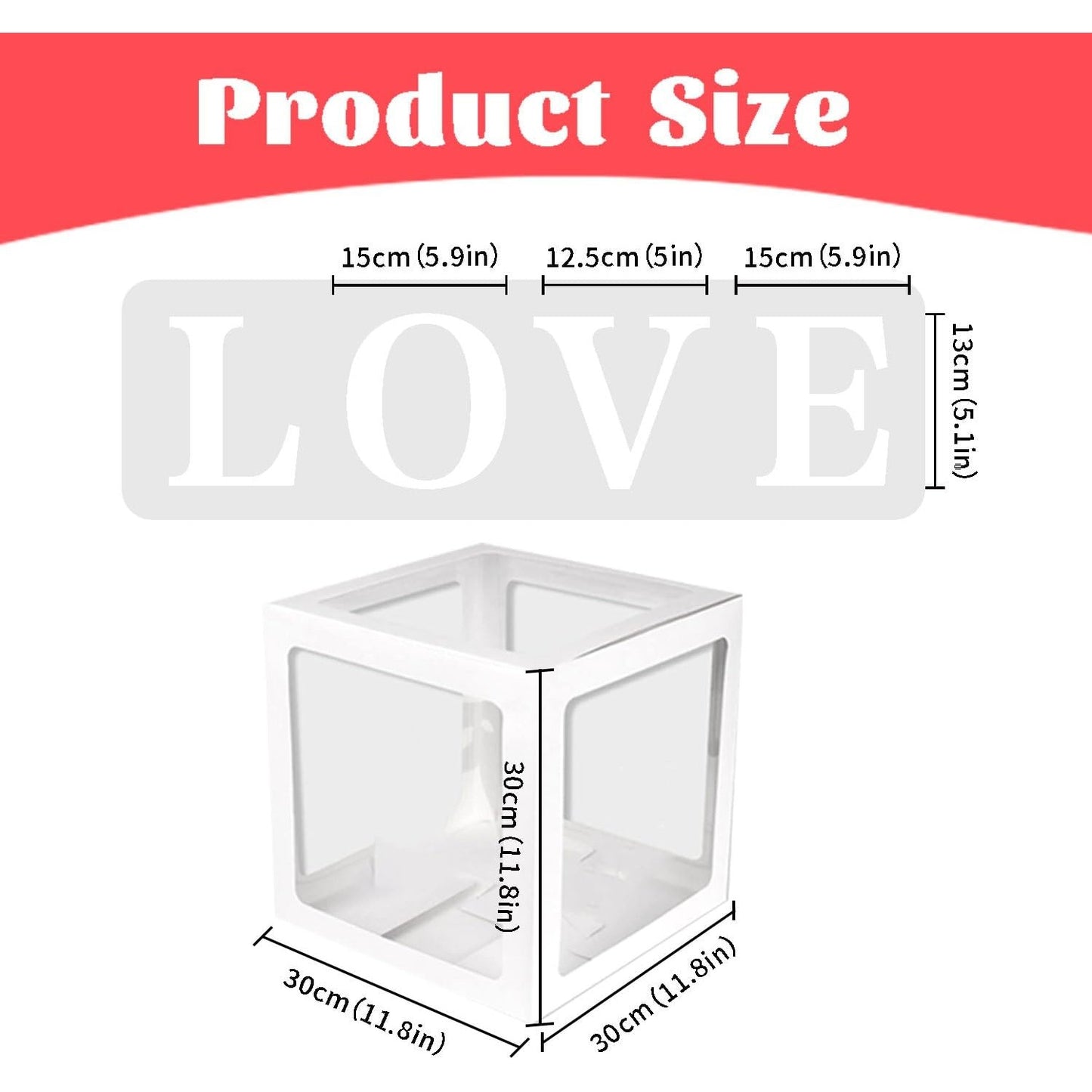 Set 4 Cutii pentru Baloane, Model Scris Love, Tematica Iubire, Cuburi Decorative din Plastic, Accesorii pentru Petrecere, 30 x30 cm, Transparente Contur Alb