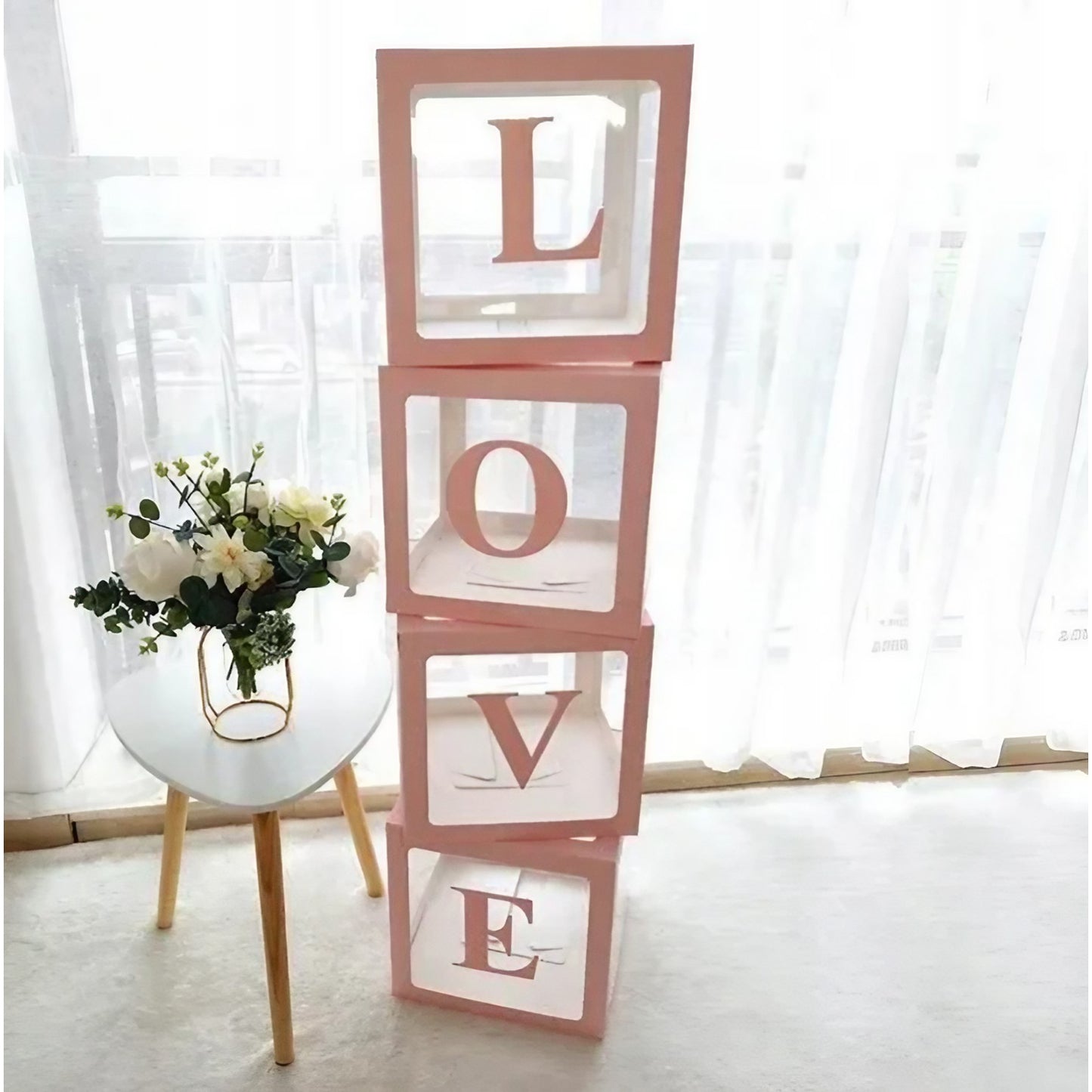Set 4 Cutii pentru Baloane, Model Scris Love, Tematica Iubire, Cuburi Decorative din Plastic, Accesorii pentru Petrecere, 30 x30 cm, Transparente Contur Roz