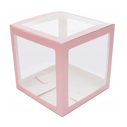 Set 4 Cutii pentru Baloane, Model Scris Love, Tematica Iubire, Cuburi Decorative din Plastic, Accesorii pentru Petrecere, 30 x30 cm, Transparente Contur Roz