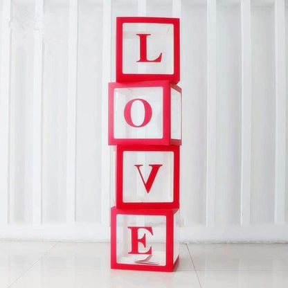 Set 4 Cutii pentru Baloane, Model Scris Love, Tematica Iubire, Cuburi Decorative din Plastic, Accesorii pentru Petrecere, 30x30 cm, Transparente Contur Rosu