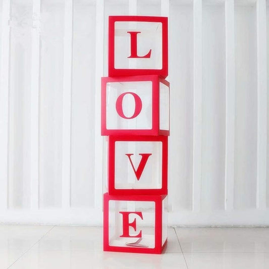 Set 4 Cutii pentru Baloane, Model Scris Love, Tematica Iubire, Cuburi Decorative din Plastic, Accesorii pentru Petrecere, 30x30 cm, Transparente Contur Rosu