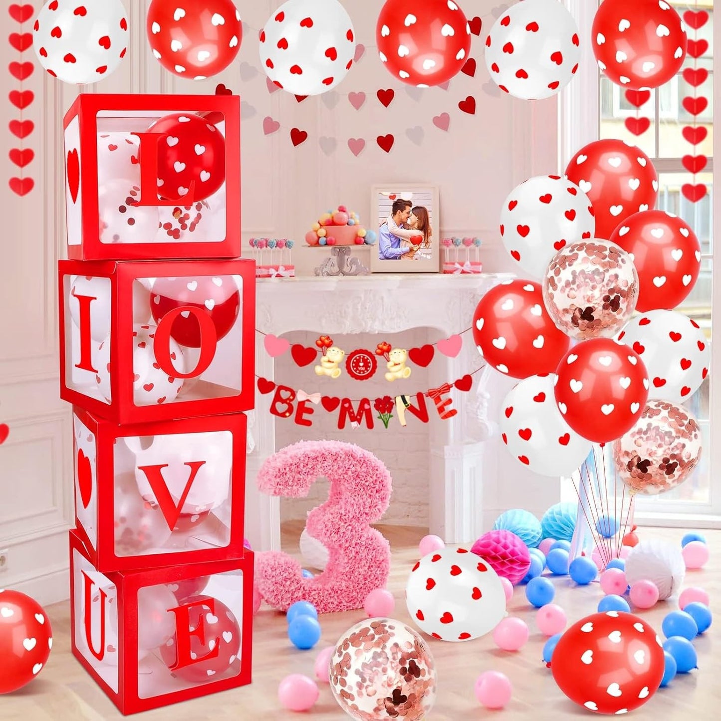 Set 4 Cutii pentru Baloane, Model Scris Love, Tematica Iubire, Cuburi Decorative din Plastic, Accesorii pentru Petrecere, 30x30 cm, Transparente Contur Rosu