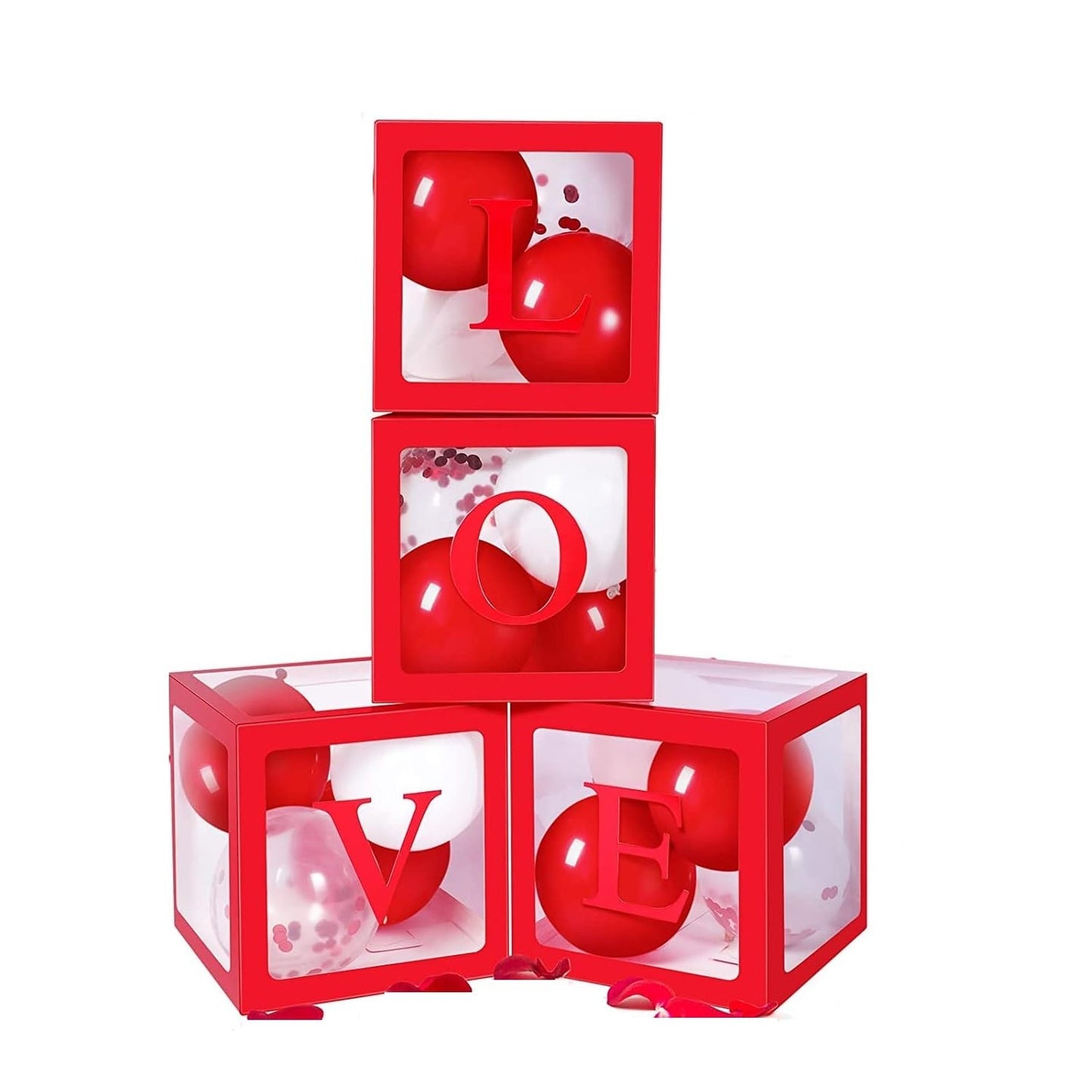 Set 4 Cutii pentru Baloane, Model Scris Love, Tematica Iubire, Cuburi Decorative din Plastic, Accesorii pentru Petrecere, 30x30 cm, Transparente Contur Rosu