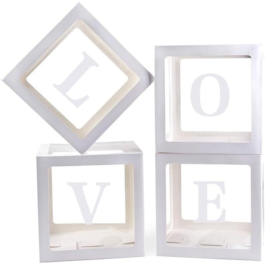 Set 4 Cutii pentru Baloane, Model Scris Love, Tematica Iubire, Cuburi Decorative din Plastic, Accesorii pentru Petrecere, 30 x30 cm, Transparente Contur Alb