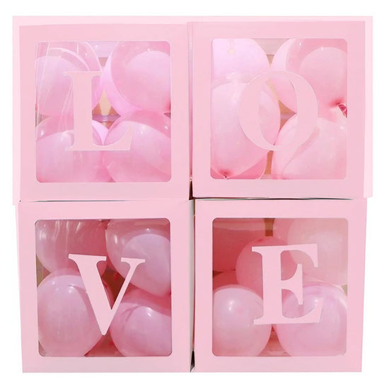 Set 4 Cutii pentru Baloane, Model Scris Love, Tematica Iubire, Cuburi Decorative din Plastic, Accesorii pentru Petrecere, 30 x30 cm, Transparente Contur Roz