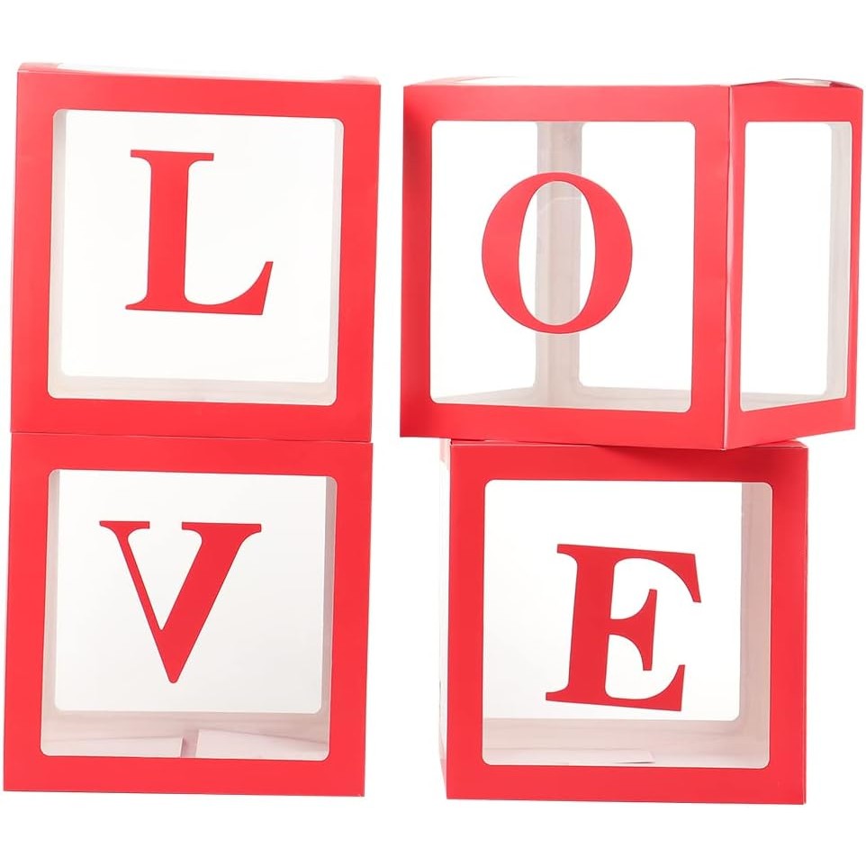 Set 4 Cutii pentru Baloane, Model Scris Love, Tematica Iubire, Cuburi Decorative din Plastic, Accesorii pentru Petrecere, 30x30 cm, Transparente Contur Rosu