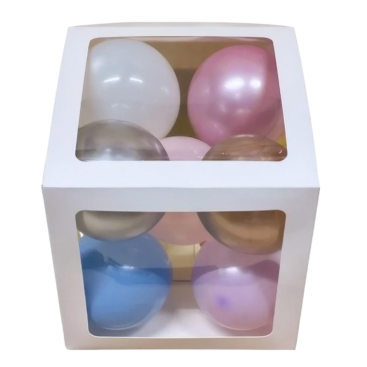 Set 4 Cutii pentru Baloane, Model Simplu, Tematica Aniversare, Cuburi Decorative din Plastic, Accesorii pentru Petrecere, 30 x30 cm, Transparente Contur Alb