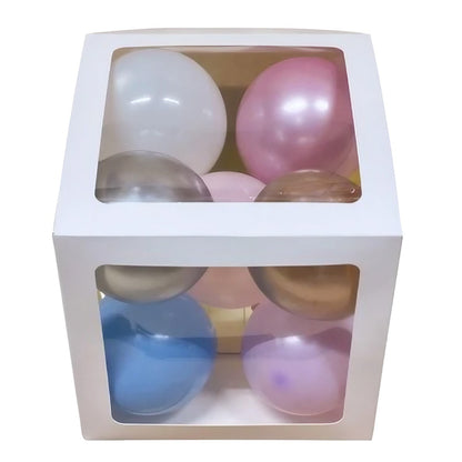 Set 4 Cutii pentru Baloane, Model Simplu, Tematica Aniversare, Cuburi Decorative din Plastic, Accesorii pentru Petrecere, 30 x30 cm, Transparente Contur Alb