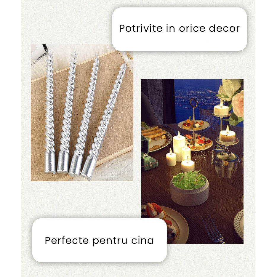 Set 4 Lumanari pentru Masa, Cina, Decor, Model Rasucit, Lungime 25 cm, Alb