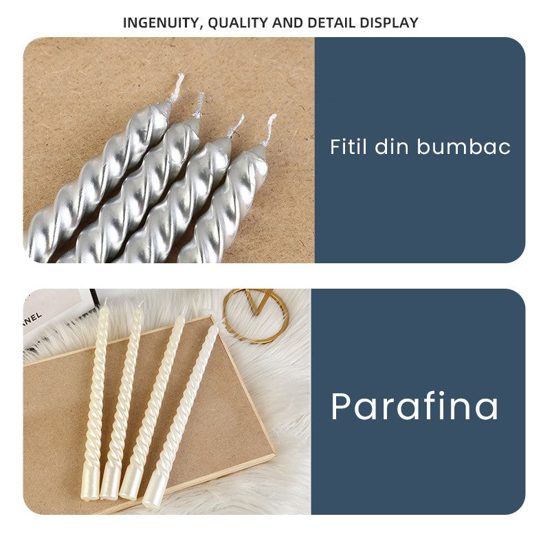 Set 4 Lumanari pentru Masa, Cina, Decor, Model Rasucit, Lungime 25 cm, Argintiu
