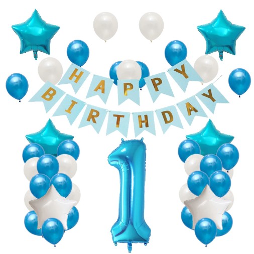 Set Baloane Aniversare HAPPY BIRTHDAY, set din 42 bucati, 1 bucata cifra mare, 4 stele din folie aluminiu, 37 simple din latex, Baby Boy, 60 cm Albastru