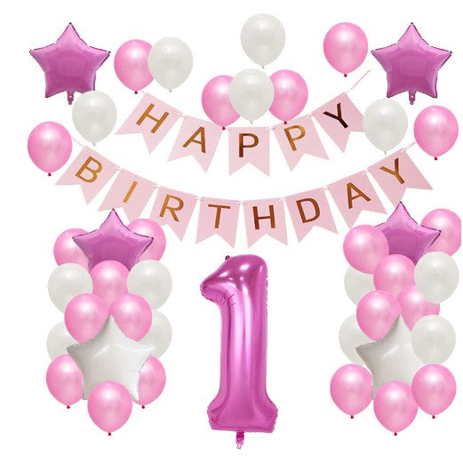 Set Baloane Aniversare HAPPY BIRTHDAY, set din 42 bucati, 1 bucata cifra mare, 4 stele din folie aluminiu, 37 simple din latex, Baby Girl, 60 cm Roz