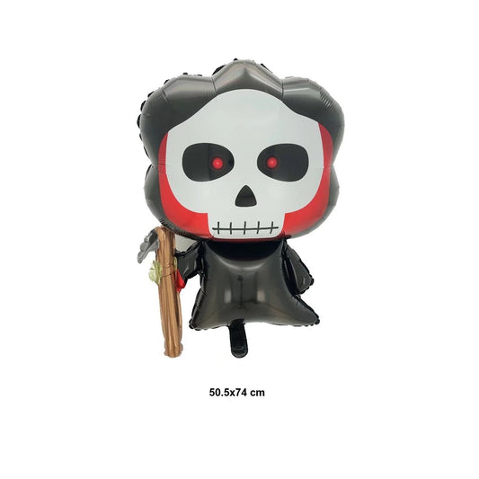 Set 5 Baloane din Folie Metalizata, Figurine, Tema Halloween, Pai Inclus, Ambalaj Individual, Umflare cu Aer sau Heliu, Figurina Craniu 50.5x74 cm, Stelute si Cerculete 45 cm, Alb-Negru