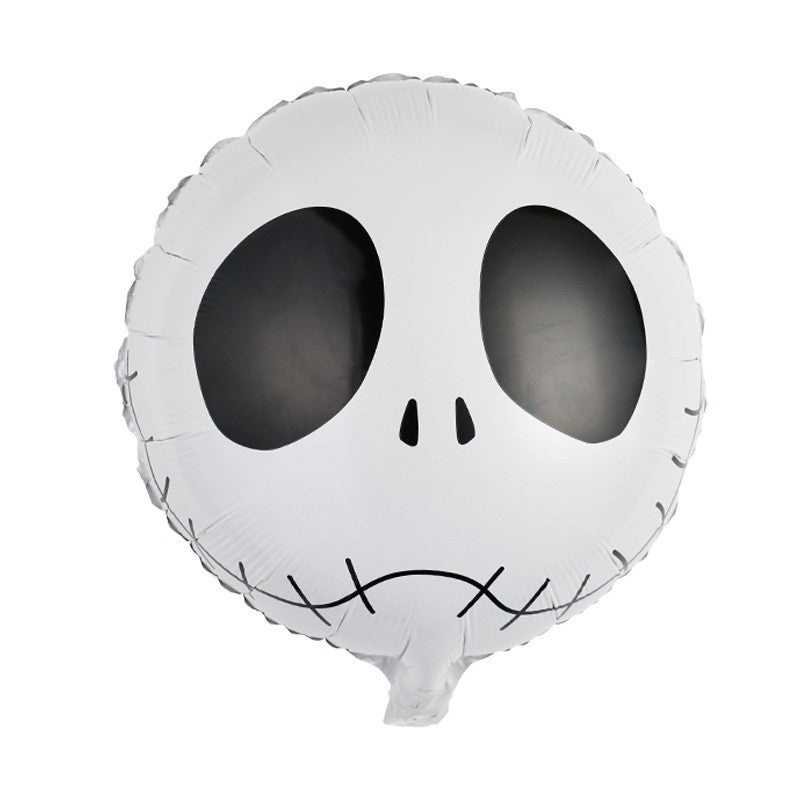 Set 5 Baloane din Folie Metalizata, Figurine, Tema Halloween, Pai Inclus, Ambalaj Individual, Umflare cu Aer sau Heliu, Figurina Craniu 50.5x74 cm, Stelute si Cerculete 45 cm, Alb-Negru