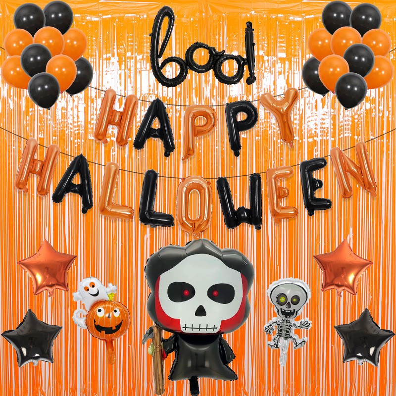 Set 5 Baloane din Folie Metalizata, Figurine, Tema Halloween, Pai Inclus, Ambalaj Individual, Umflare cu Aer sau Heliu, Figurina Craniu 50.5x74 cm, Stelute si Cerculete 45 cm, Alb-Negru