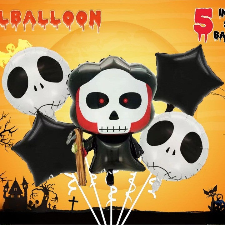 Set 5 Baloane din Folie Metalizata, Figurine, Tema Halloween, Pai Inclus, Ambalaj Individual, Umflare cu Aer sau Heliu, Figurina Craniu 50.5x74 cm, Stelute si Cerculete 45 cm, Alb-Negru