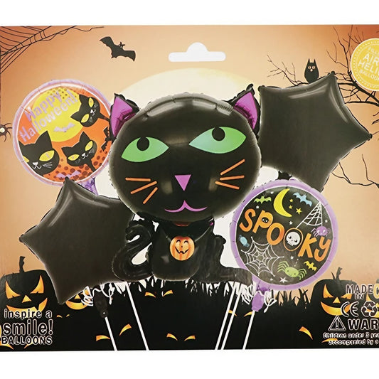 Set 5 Baloane din Folie Metalizata, Figurine, Tema Halloween, Pai Inclus, Ambalaj Individual, Umflare cu Aer sau Heliu, Figurina Pisica 65x49 cm, Stelute si Cerculete 45 cm, Negru