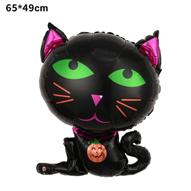 Set 5 Baloane din Folie Metalizata, Figurine, Tema Halloween, Pai Inclus, Ambalaj Individual, Umflare cu Aer sau Heliu, Figurina Pisica 65x49 cm, Stelute si Cerculete 45 cm, Negru